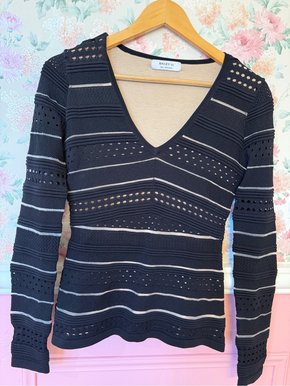 Bailey 44 Black and Cream Striped V-Neck Knit Sweater